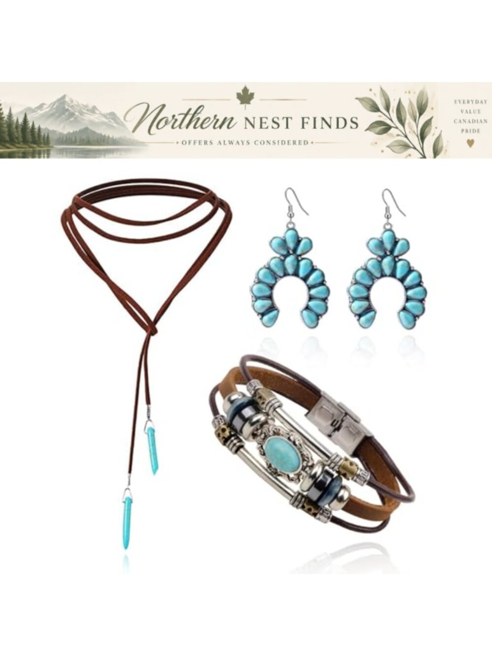 Turquoise Jewelry Set Adjustable Necklace Earrings Bracelet